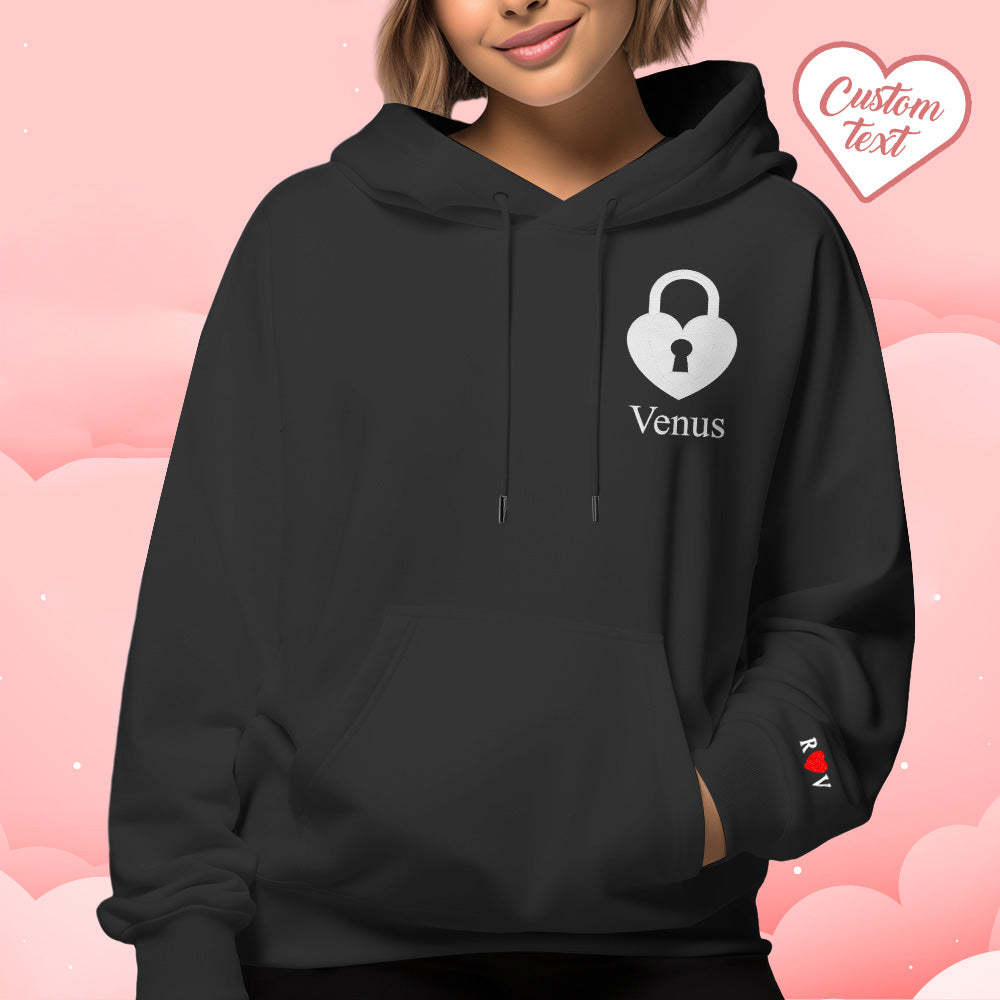 Personalized Text Embroidered Hoodie Meaningful Heart Key And Lock Set Couple Sweatshirt - 