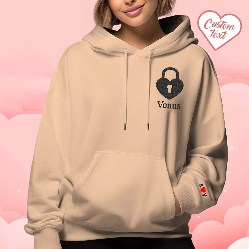 Personalized Text Embroidered Hoodie Meaningful Heart Key And Lock Set Couple Sweatshirt - 