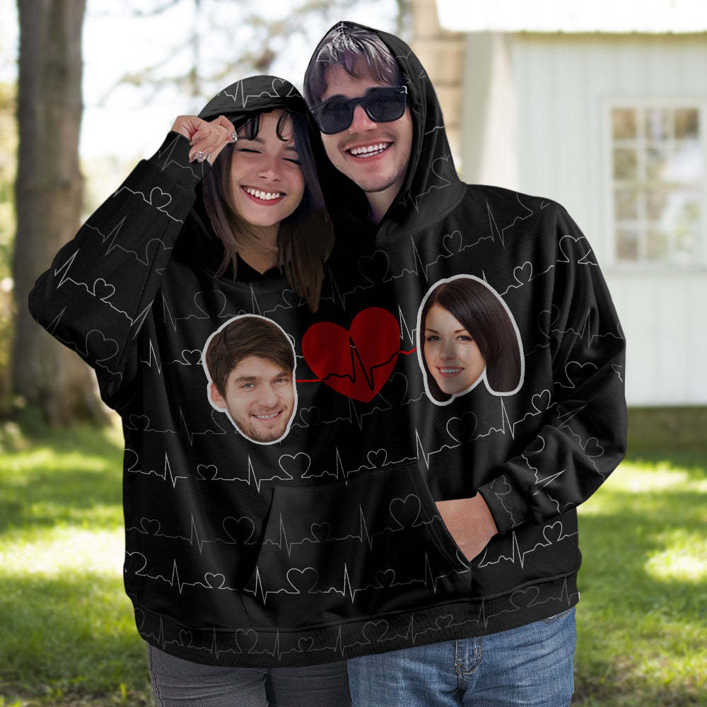 Custom Face Couple's Heartbeat One Piece Sweatshirt Photo Intimate Hoodie Gift For Love - 