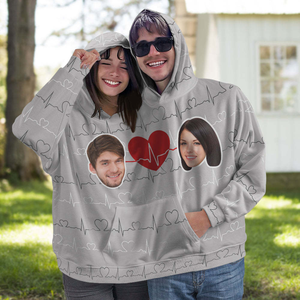 Custom Face Couple's Heartbeat One Piece Sweatshirt Photo Intimate Hoodie Gift For Love - 