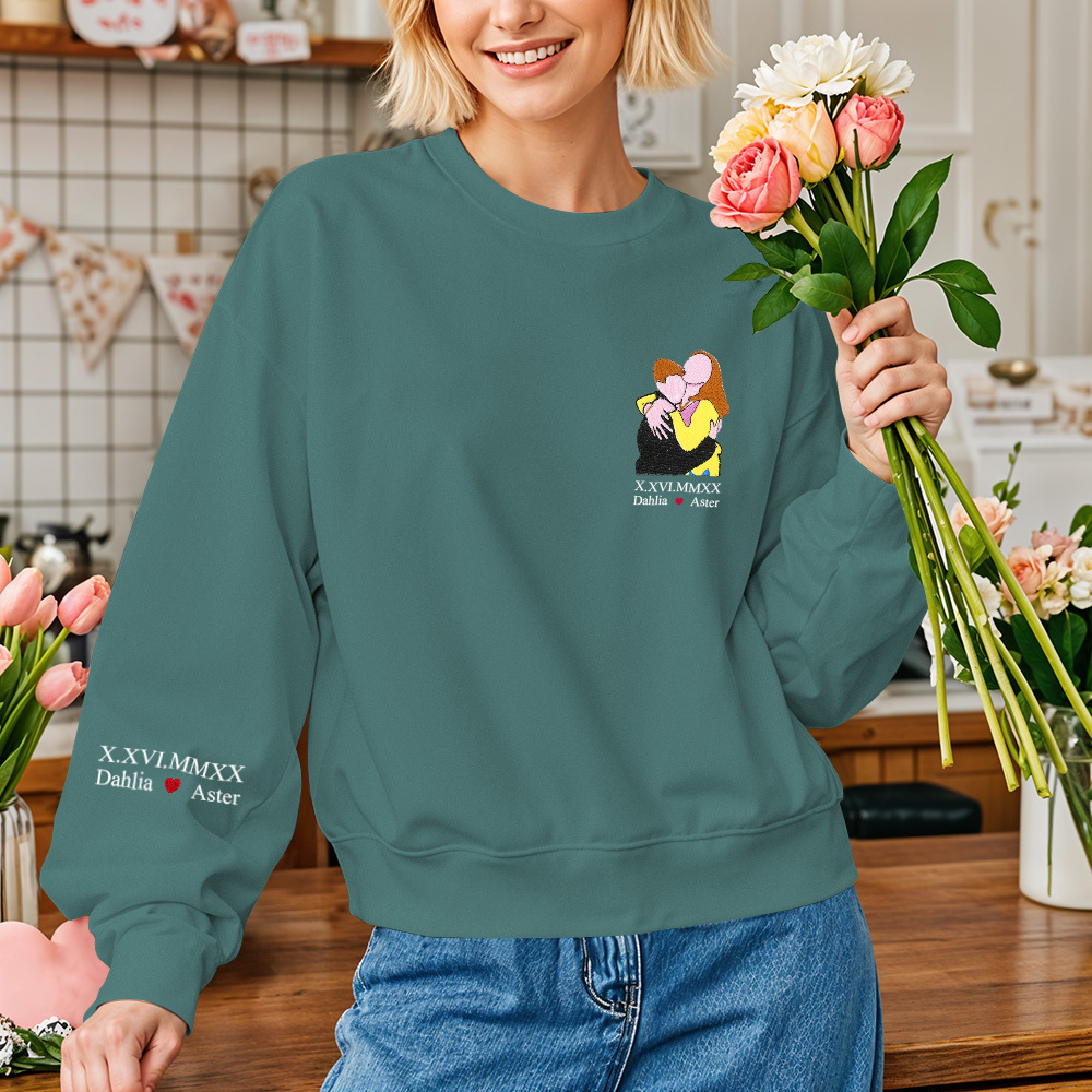 Custom Full Color Embroidered Sweatshirt Portrait Couple/Dad/Mom - Family Gift - 