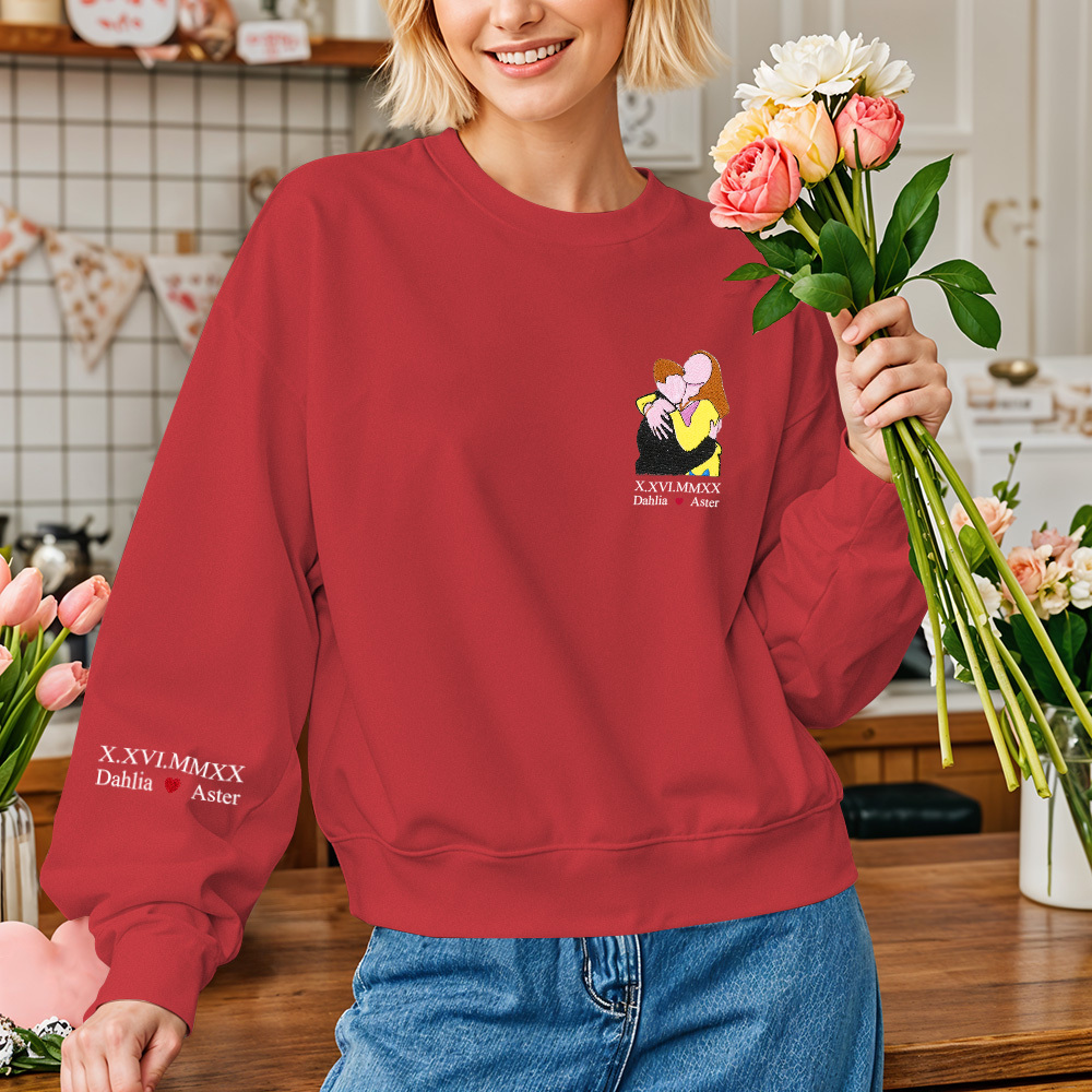 Custom Full Color Embroidered Sweatshirt Portrait Couple/Dad/Mom - Family Gift - 