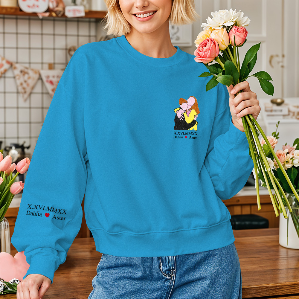 Custom Full Color Embroidered Sweatshirt Portrait Couple/Dad/Mom - Family Gift - 