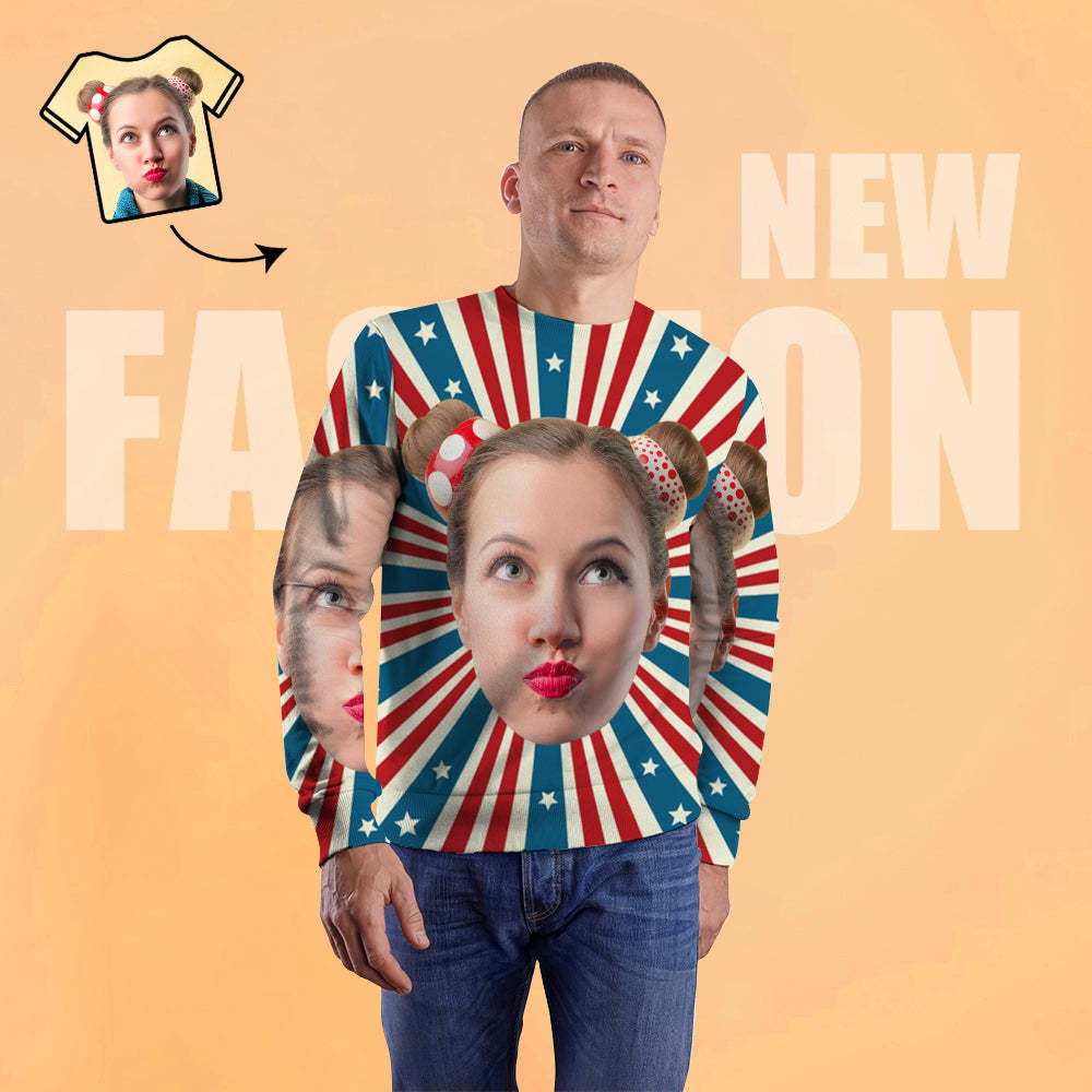 Custom Hoodies with Boyfriend Face Star Stripes Men's Crewneck Sweatshirt - 