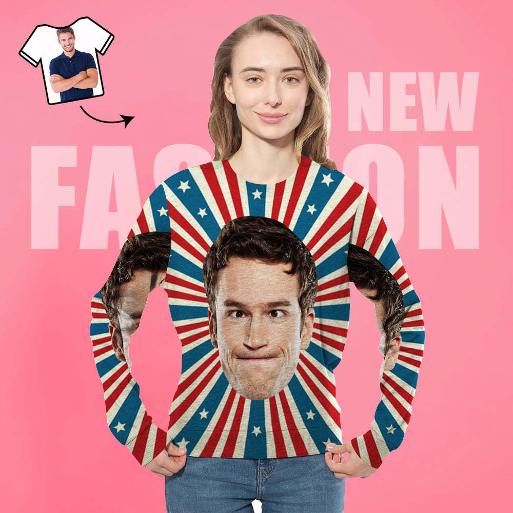 Custom Hoodies with Boyfriend Face Star Stripes Men's Crewneck Sweatshirt - 