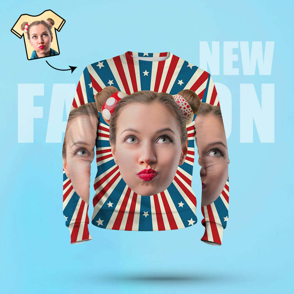 Custom Hoodies with Boyfriend Face Star Stripes Men's Crewneck Sweatshirt - 