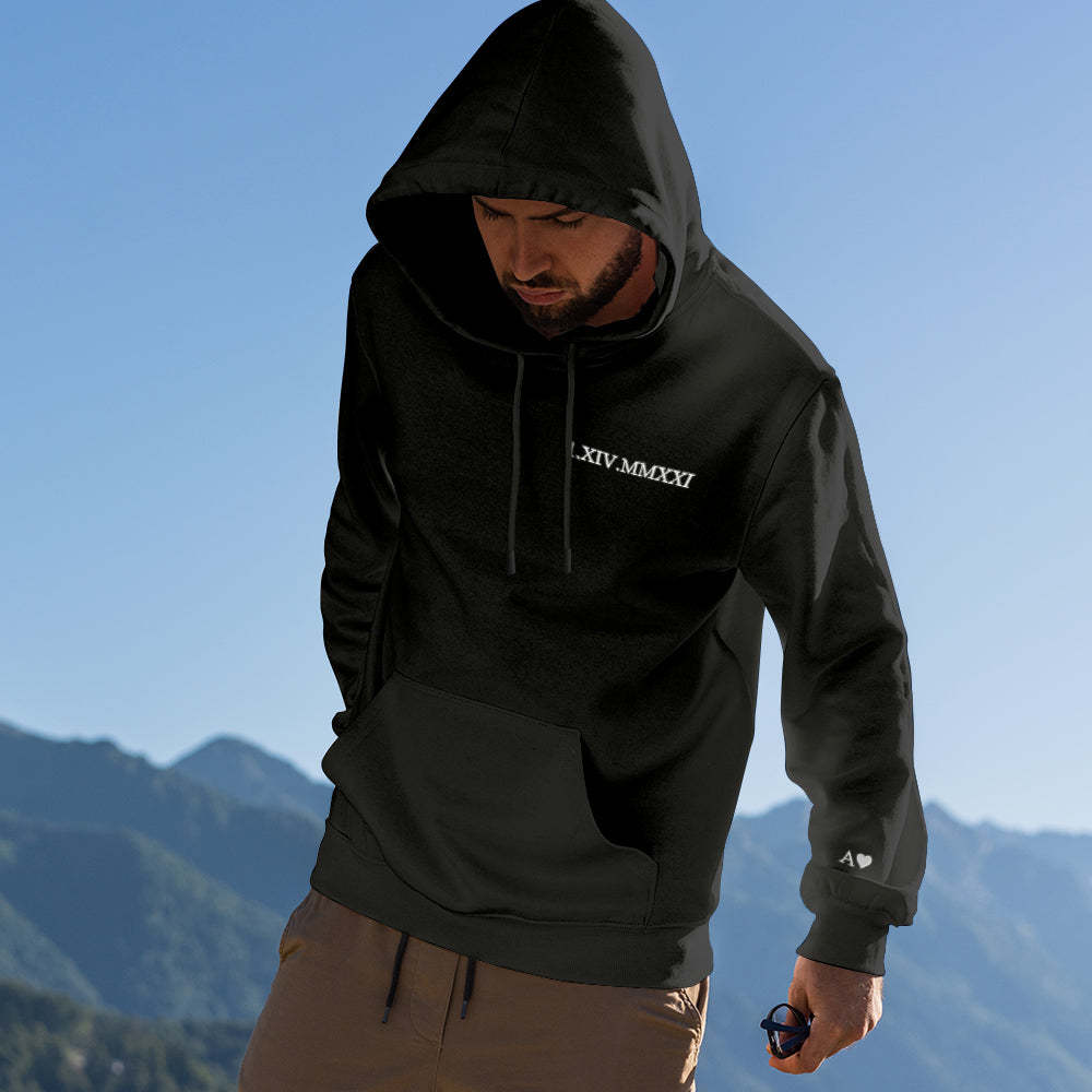 Custom Engraved Hooded Embroidery Round Neck Roman Numeral Date Couple Gifts - 