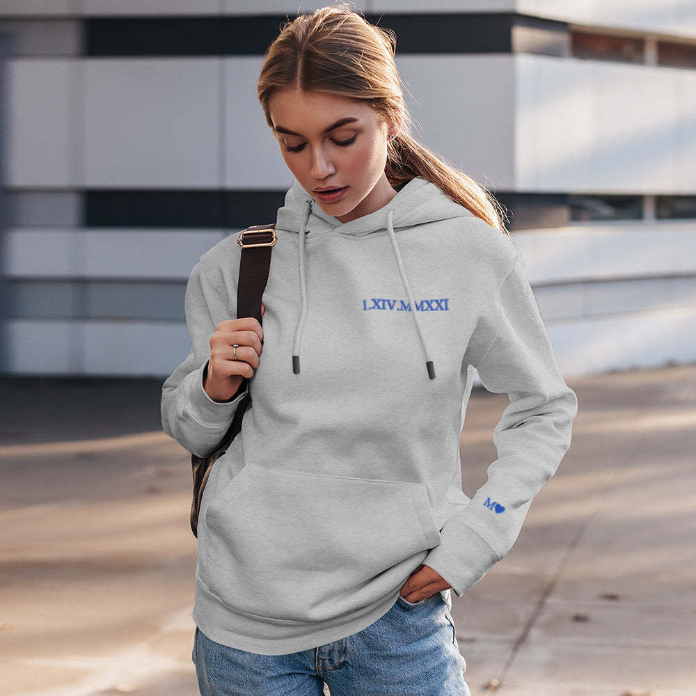 Custom Engraved Hooded Embroidery Round Neck Roman Numeral Date Couple Gifts - 