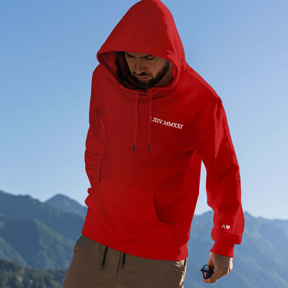 Custom Engraved Hooded Embroidery Round Neck Roman Numeral Date Couple Gifts - 