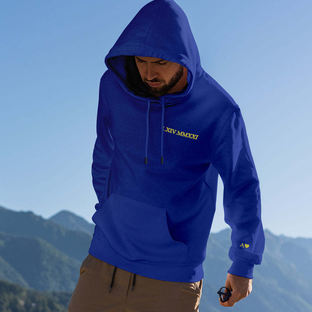 Custom Engraved Hooded Embroidery Round Neck Roman Numeral Date Couple Gifts - 