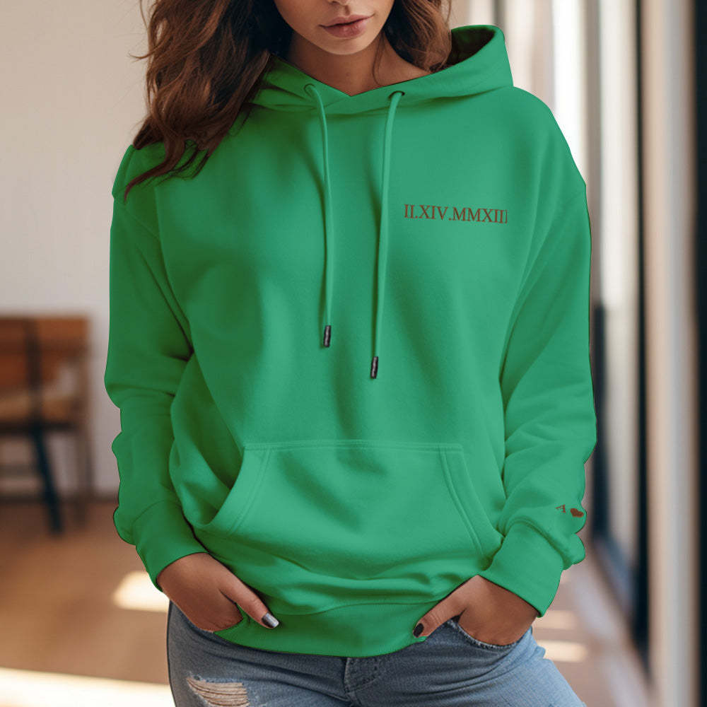 Custom Engraved Hooded Embroidery Round Neck Roman Numeral Date Couple Gifts - 