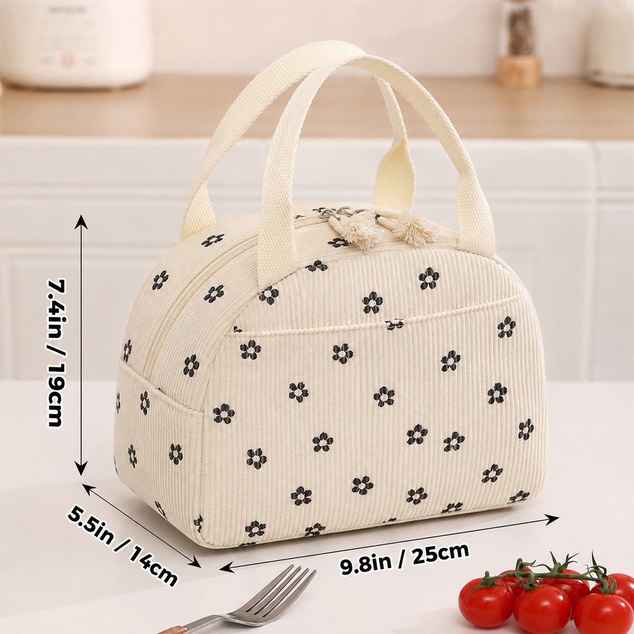 Insulated Corduroy Lunch Bag - Aesthetic Thermal Bento Tote for School & Office, Back to School Leakproof Meal Prep Bag
