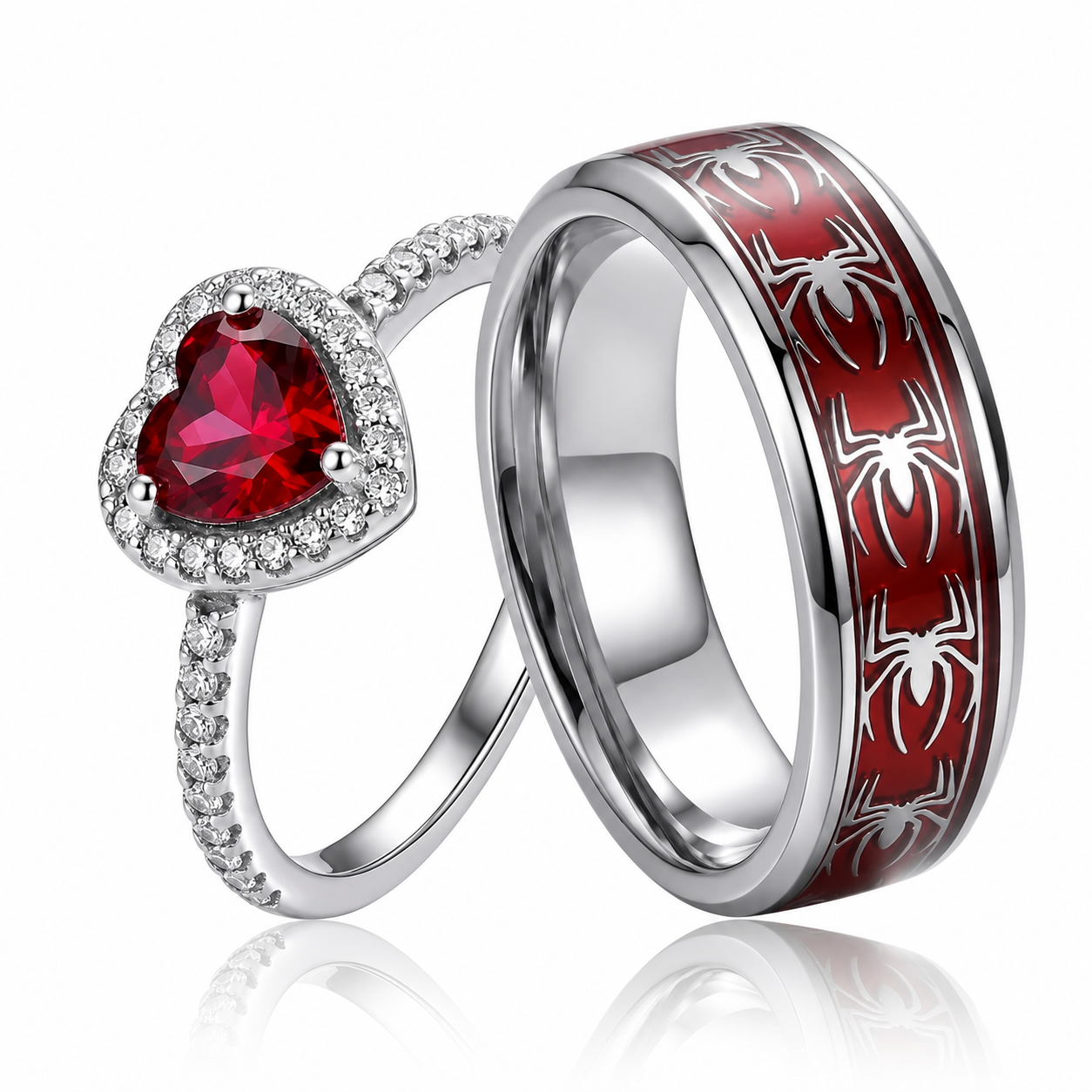 Gothic Spider & Red Heart Gem Couple Ring Set – Sterling Silver Matching Promise Rings for Couples