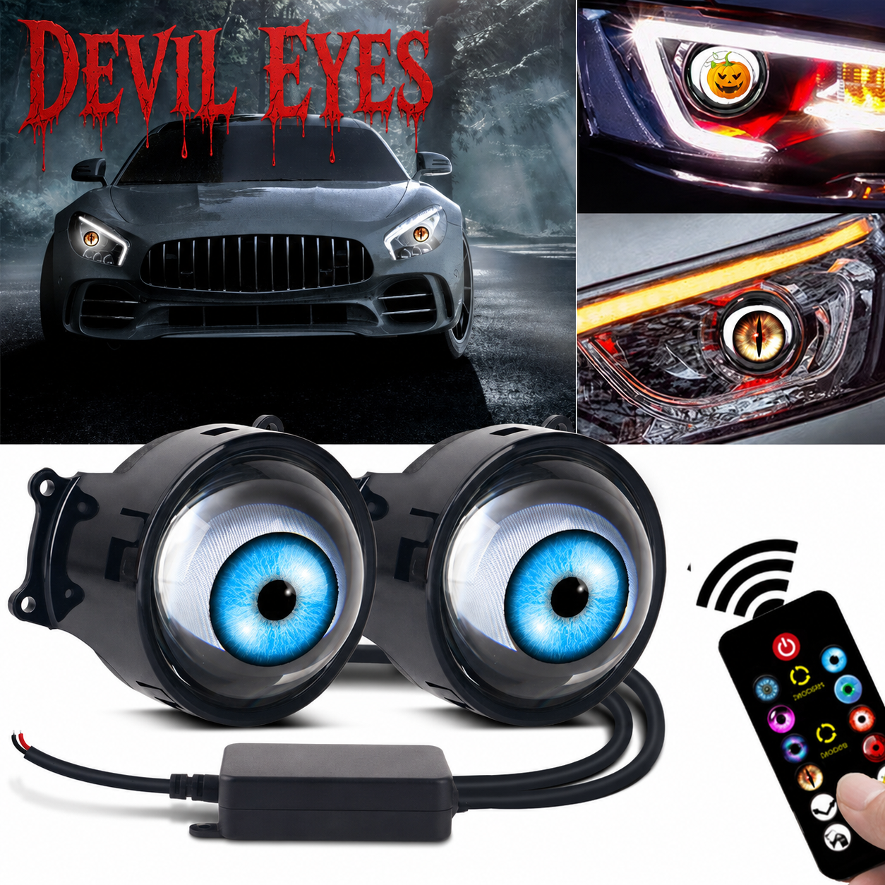 Dynamic LED Eye Headlight Retrofit Kit - Multi-Mode Devil Eyes with Wireless Remote Control (Flat & Convex Lens Variants)