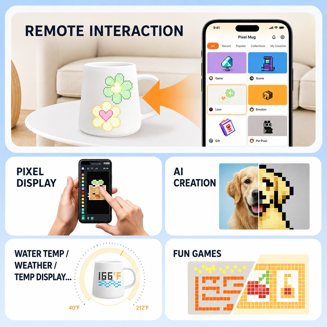 PixelMug - Smart AI Pixel Display Mug | App-Controlled Interactive Ceramic Coffee Mug with Custom GIFs, Mini Games & Temperature Reminders