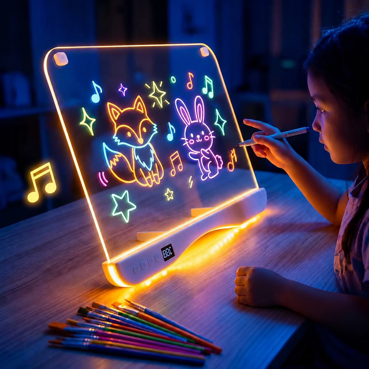 16" Rechargeable LED Light-Up Drawing Board - 7 Color Glowing Acrylic Message & Art Note Board with 4 Lighting Modes & Accessories Set