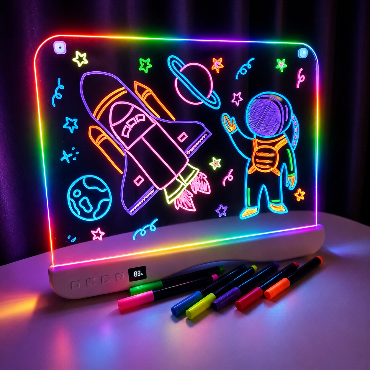 16" Rechargeable LED Light-Up Drawing Board - 7 Color Glowing Acrylic Message & Art Note Board with 4 Lighting Modes & Accessories Set