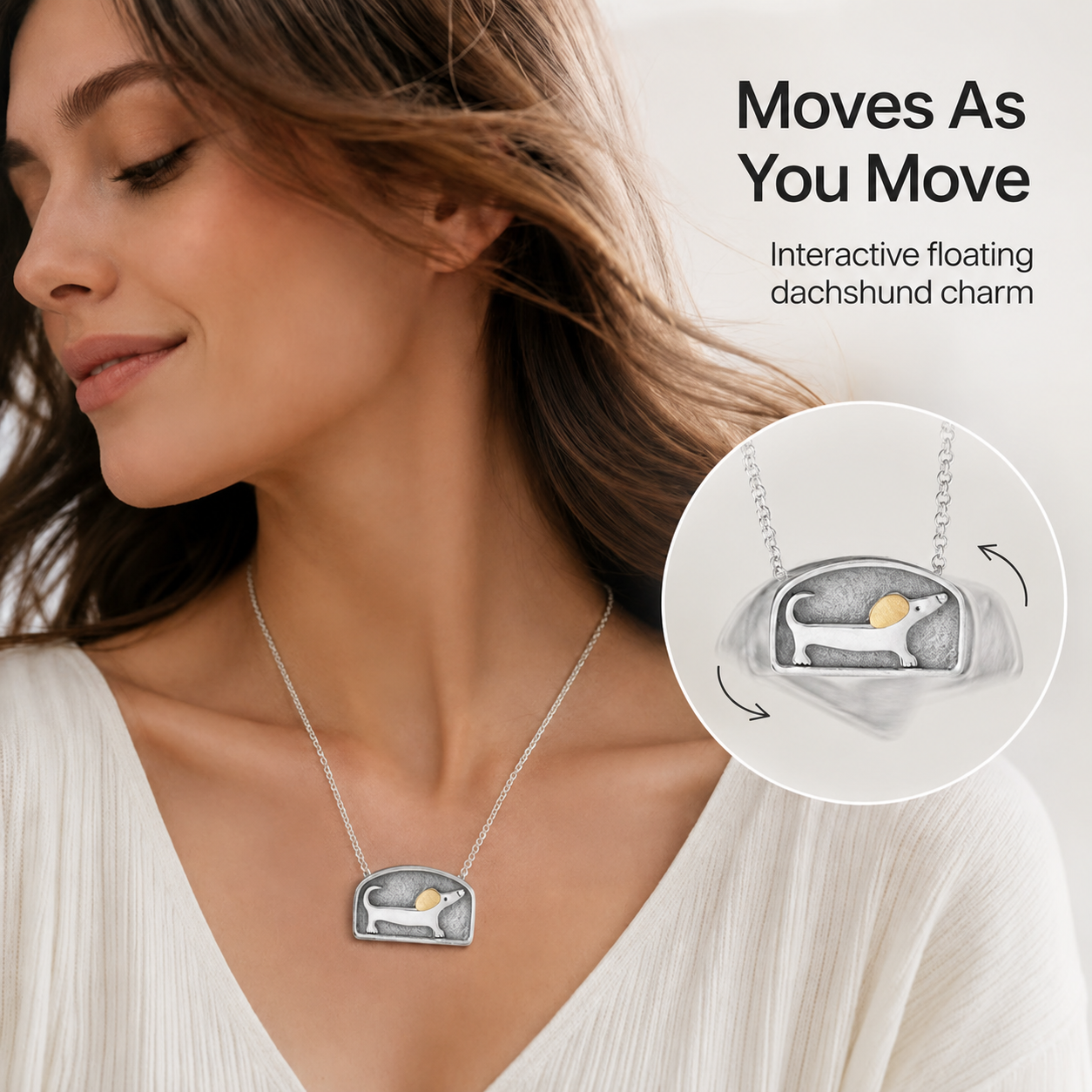 Floating Movable Ear Dachshund Necklace – Two-Tone Silver & Gold Dog Pendant Jewelry for Dachshund Lovers