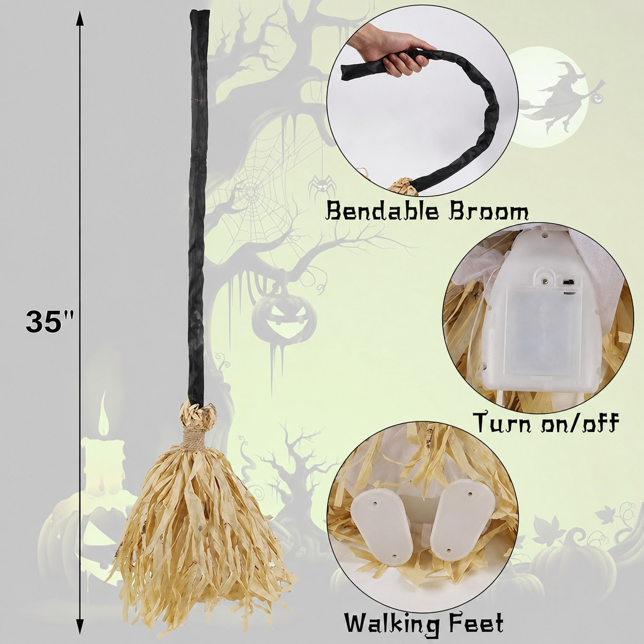 Animated Moving Witch Broomstick with Green LED Lights – 35" Bendable Self-Dancing Dancing Broom Prop for Halloween Decor