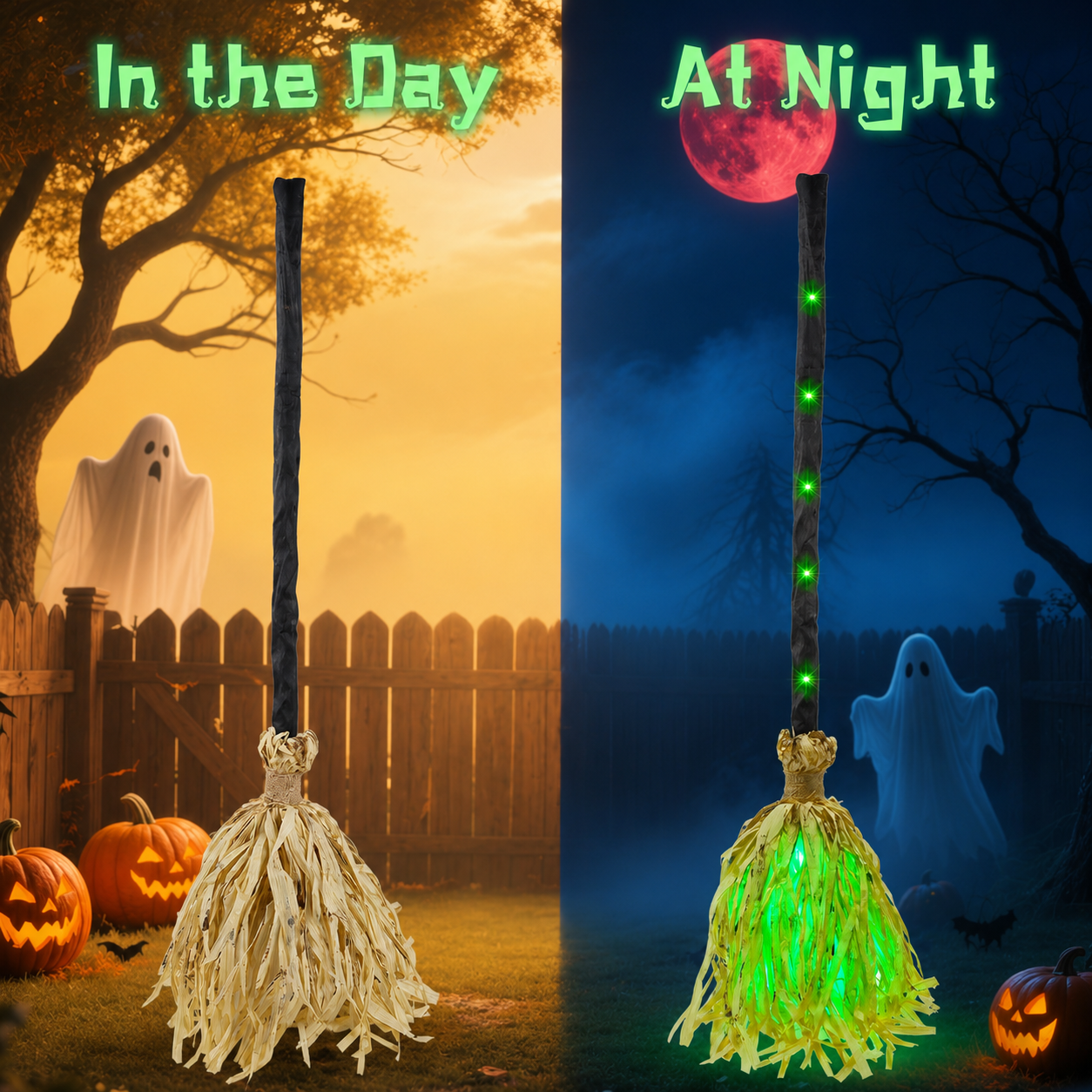 Animated Moving Witch Broomstick with Green LED Lights – 35" Bendable Self-Dancing Dancing Broom Prop for Halloween Decor