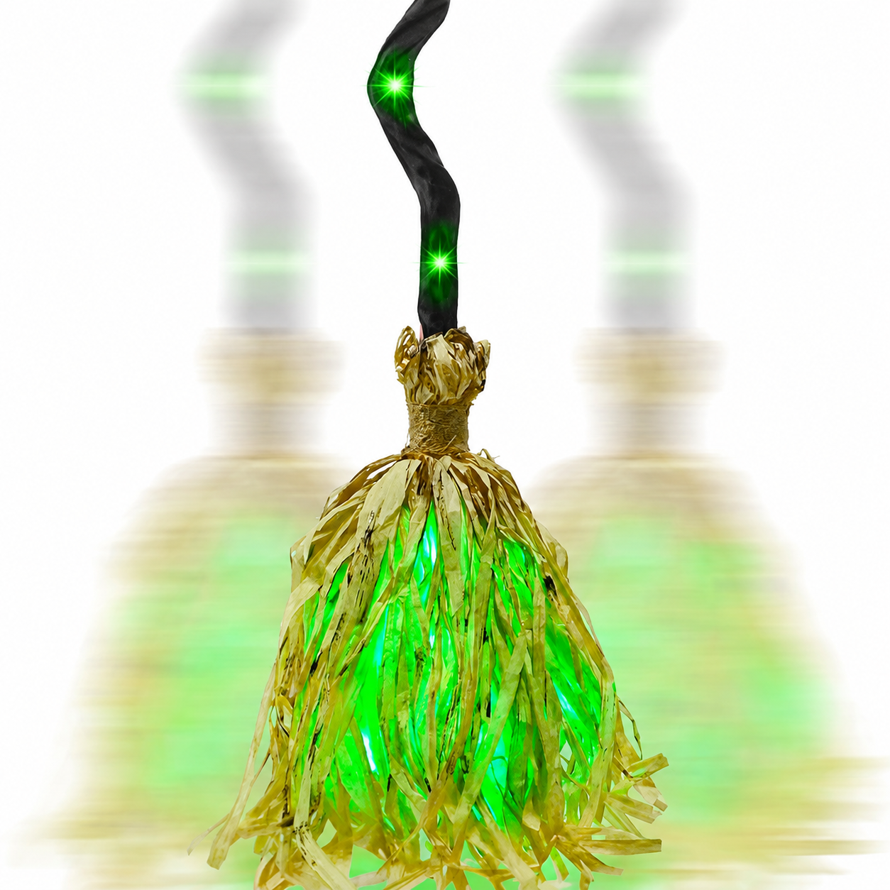 Animated Moving Witch Broomstick with Green LED Lights – 35" Bendable Self-Dancing Dancing Broom Prop for Halloween Decor