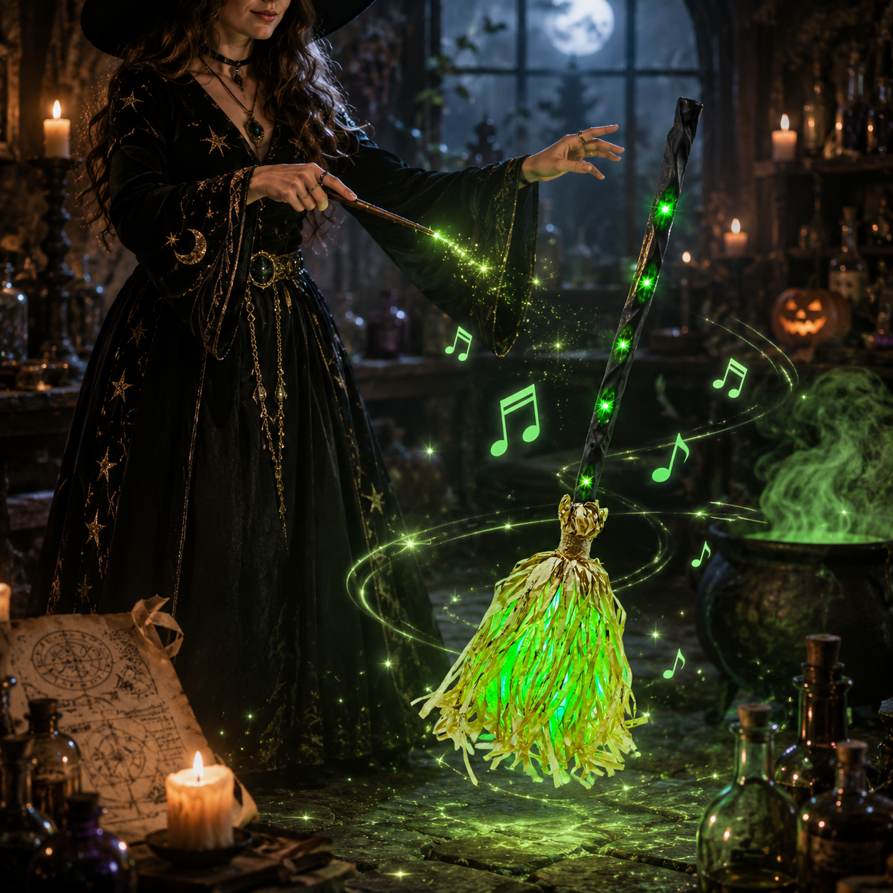 Animated Moving Witch Broomstick with Green LED Lights – 35" Bendable Self-Dancing Dancing Broom Prop for Halloween Decor