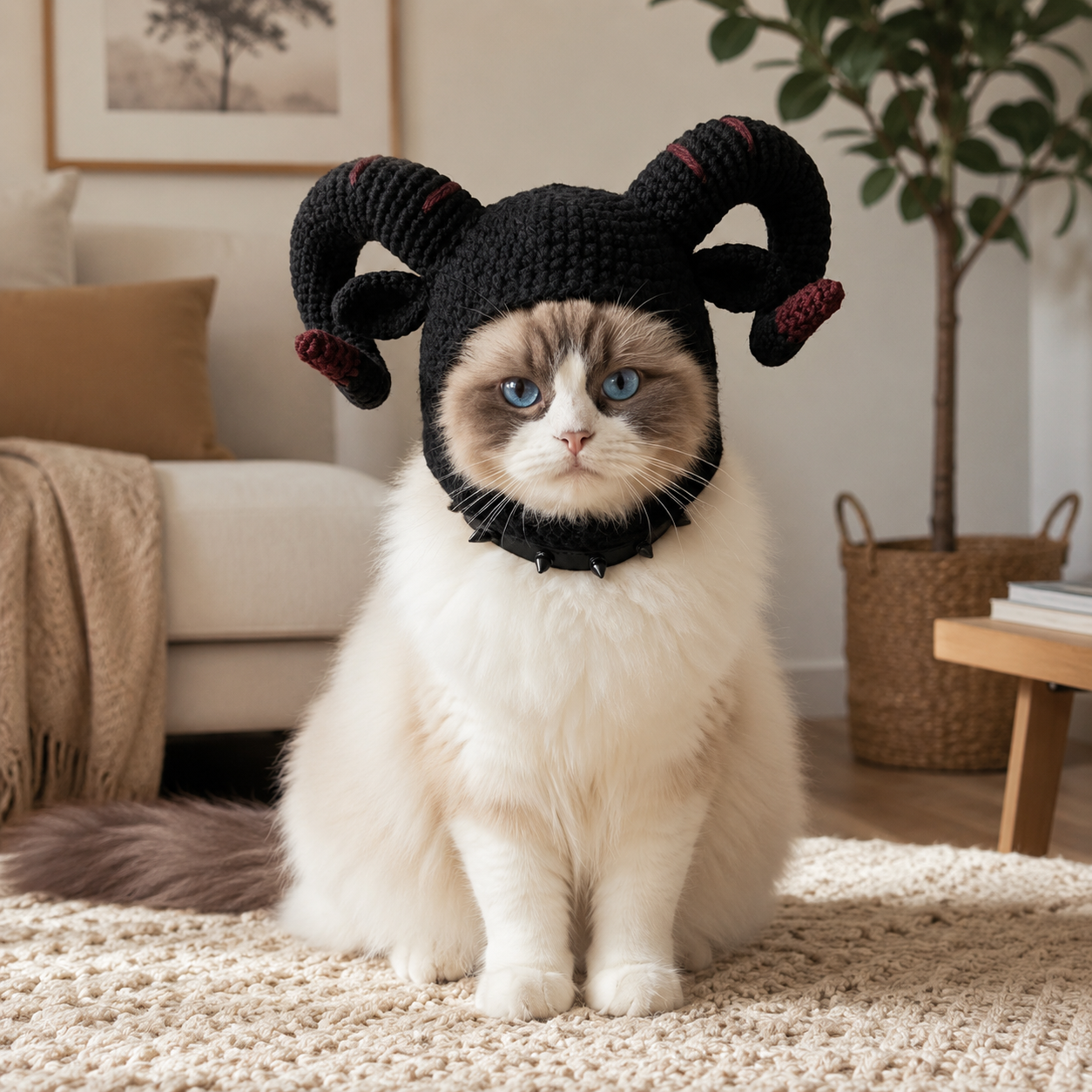 Handmade Gothic Crochet Cat Bonnet Collection - Dark Aesthetic Pet Costumes with Ram Horns, Death's-Head Moth & Black Rose Veil for Cats & Small Dogs