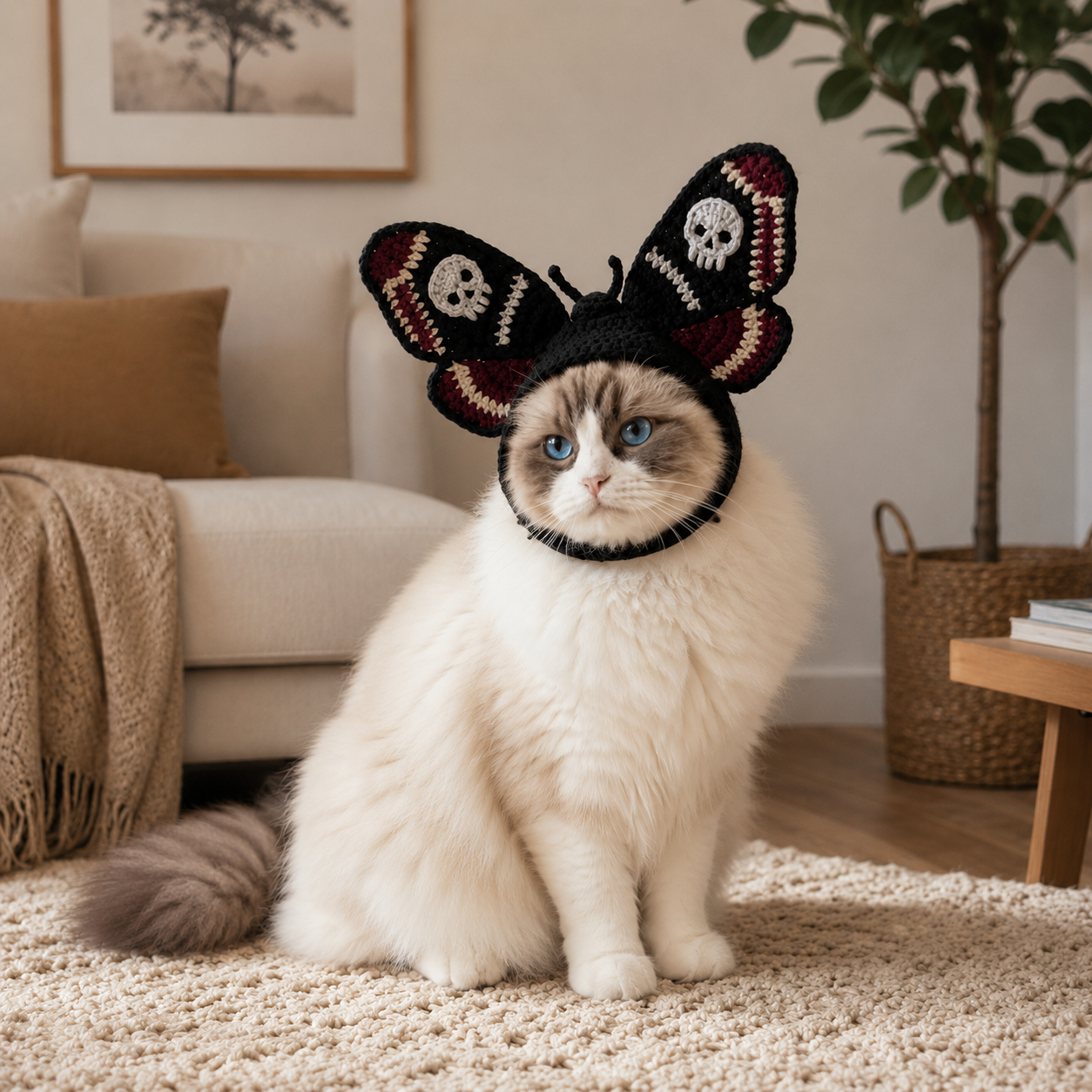 Handmade Gothic Crochet Cat Bonnet Collection - Dark Aesthetic Pet Costumes with Ram Horns, Death's-Head Moth & Black Rose Veil for Cats & Small Dogs