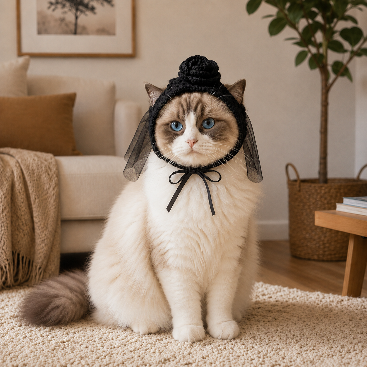 Handmade Gothic Crochet Cat Bonnet Collection - Dark Aesthetic Pet Costumes with Ram Horns, Death's-Head Moth & Black Rose Veil for Cats & Small Dogs