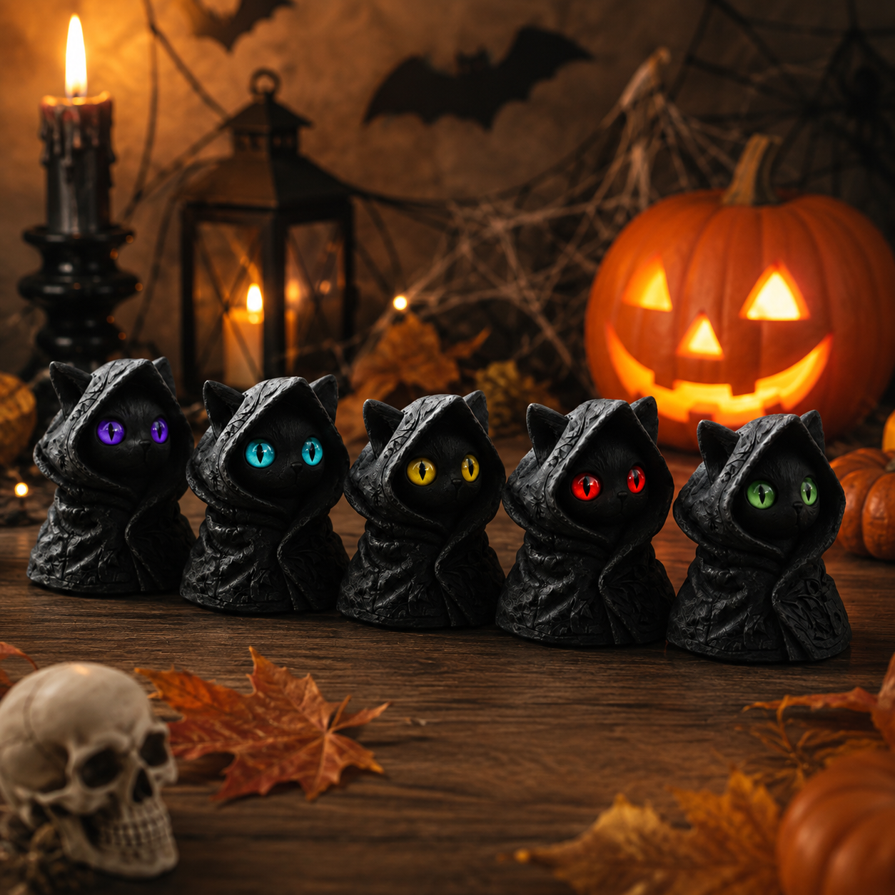 Mysterious Hooded Black Cat Figurine - Spooky Halloween Decor & Gothic Witchy Cat Statue with Glowing Eyes - Perfect Spooky Gift & Party Table Decoration