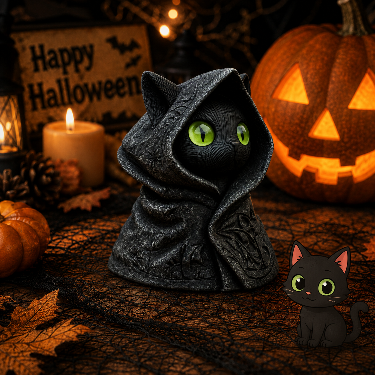 Mysterious Hooded Black Cat Figurine - Spooky Halloween Decor & Gothic Witchy Cat Statue with Glowing Eyes - Perfect Spooky Gift & Party Table Decoration