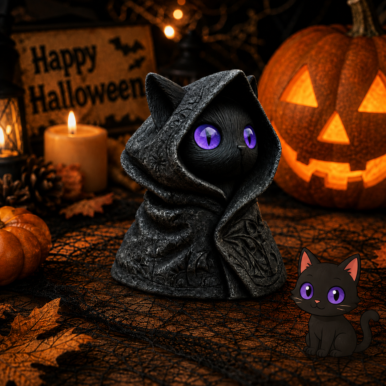 Mysterious Hooded Black Cat Figurine - Spooky Halloween Decor & Gothic Witchy Cat Statue with Glowing Eyes - Perfect Spooky Gift & Party Table Decoration
