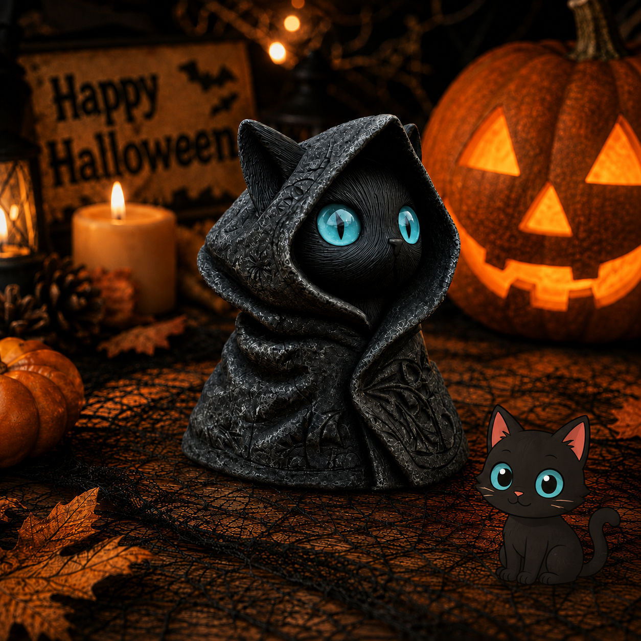 Mysterious Hooded Black Cat Figurine - Spooky Halloween Decor & Gothic Witchy Cat Statue with Glowing Eyes - Perfect Spooky Gift & Party Table Decoration