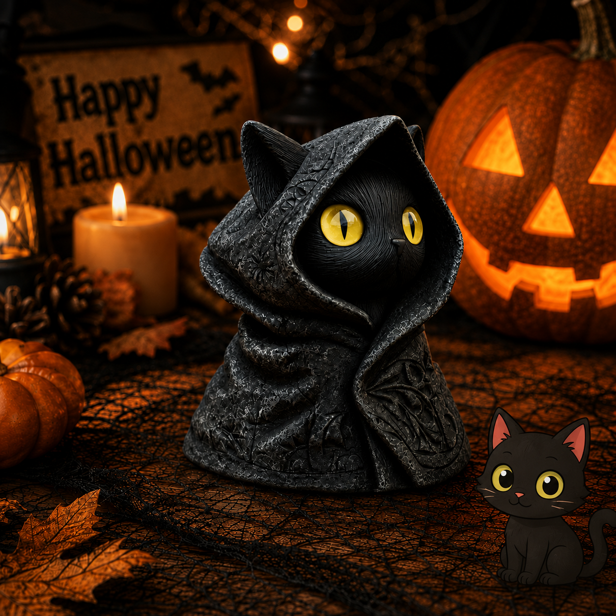 Mysterious Hooded Black Cat Figurine - Spooky Halloween Decor & Gothic Witchy Cat Statue with Glowing Eyes - Perfect Spooky Gift & Party Table Decoration