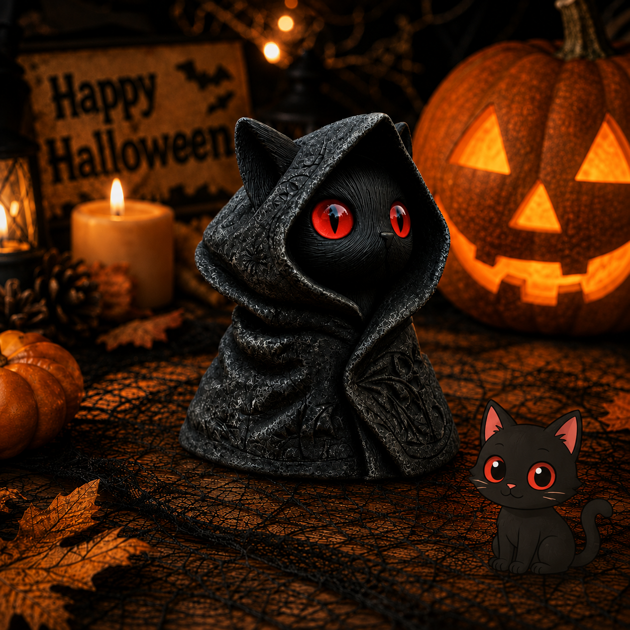 Mysterious Hooded Black Cat Figurine - Spooky Halloween Decor & Gothic Witchy Cat Statue with Glowing Eyes - Perfect Spooky Gift & Party Table Decoration
