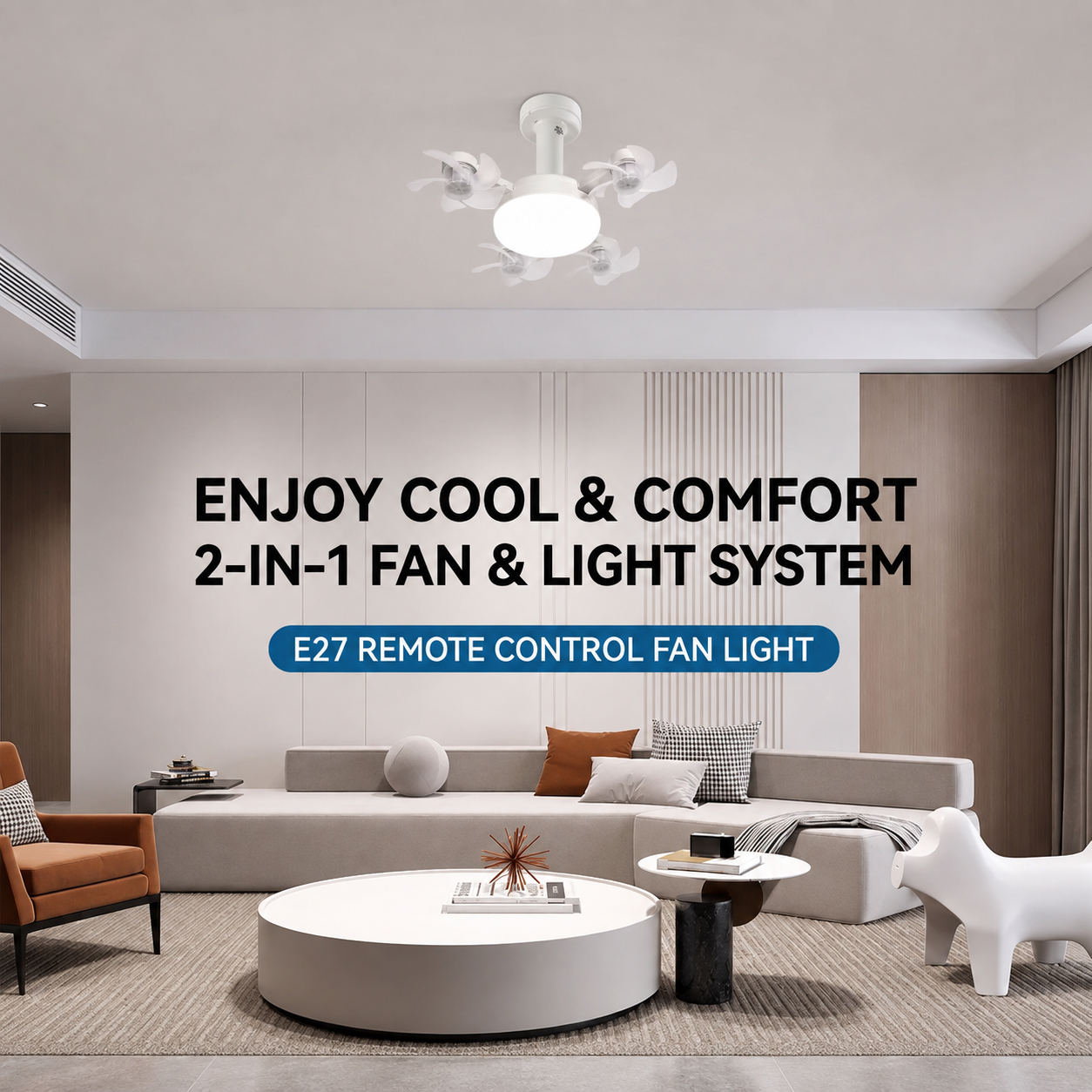 Multi-Head E27 Socket Ceiling Fan Light with Remote & Adjustable Extension Adapter