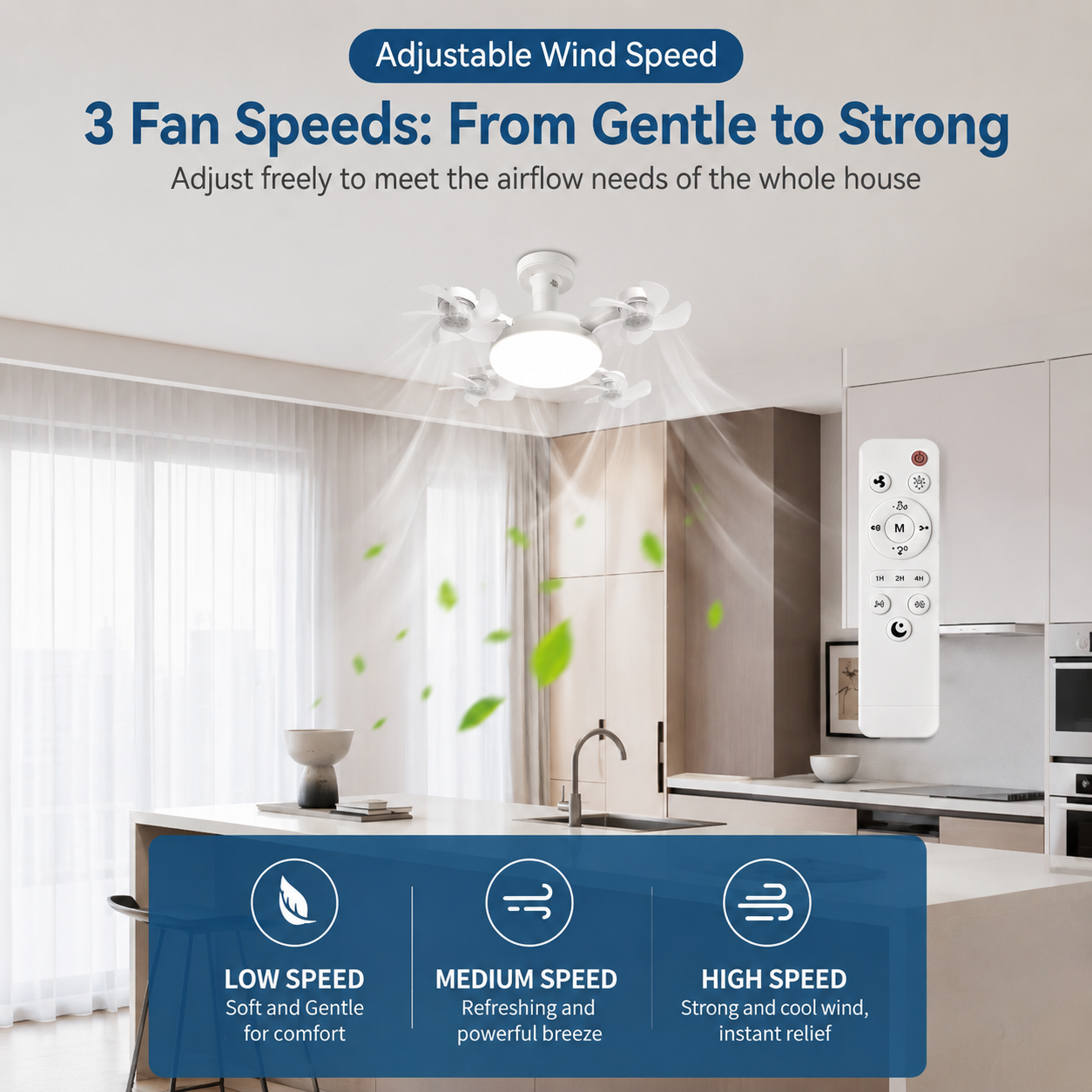 Multi-Head E27 Socket Ceiling Fan Light with Remote & Adjustable Extension Adapter