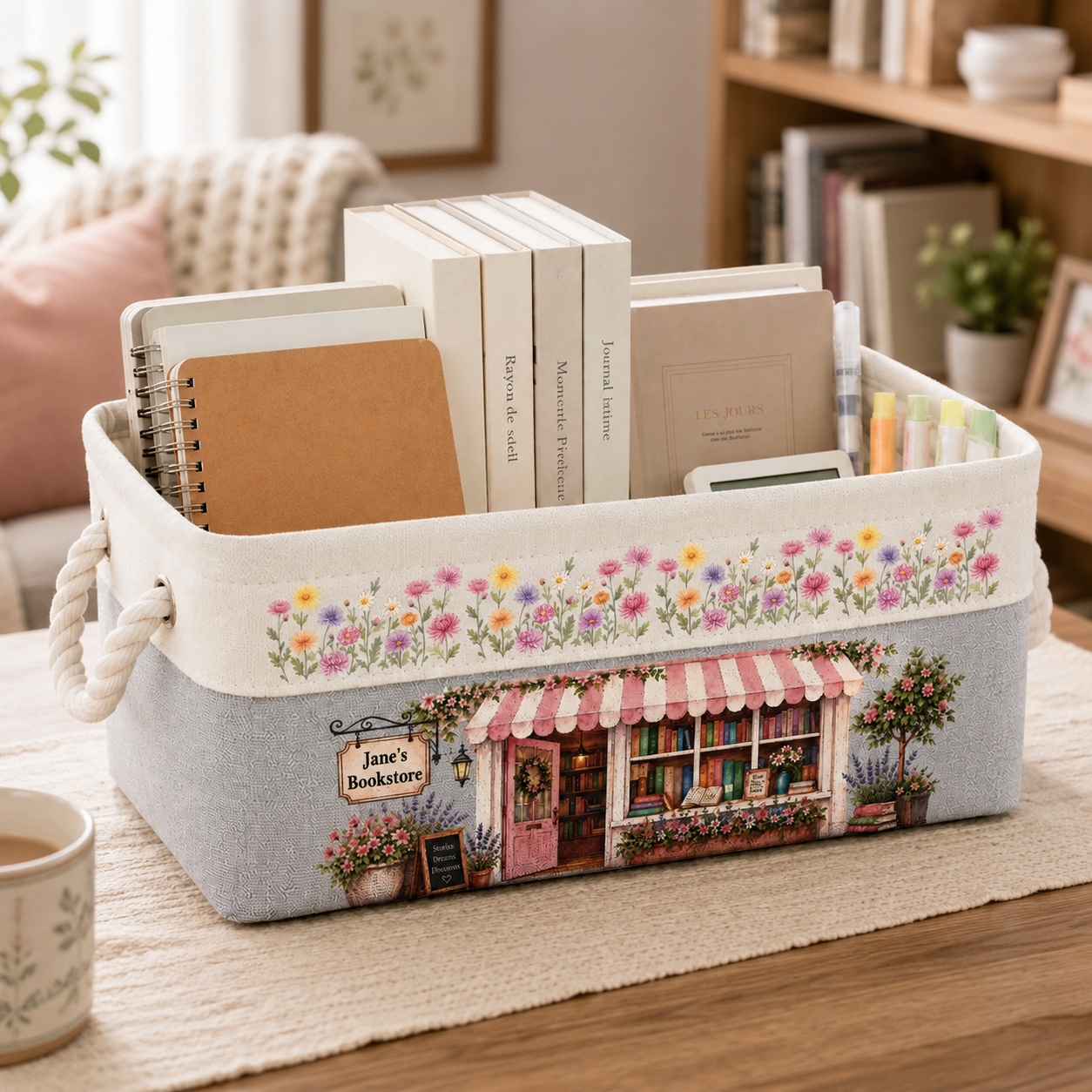 Custom Birth Flower Bookstore Storage Basket – Personalized Book Lover Desktop Organizer Box Gift for Reader, Librarian & Bookworm