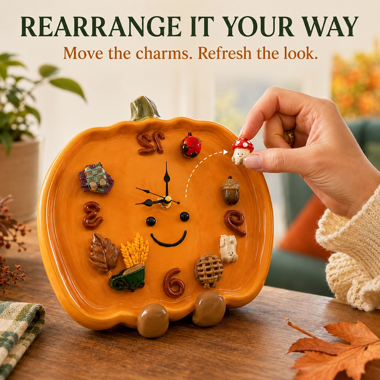 Cute Pumpkin Magnetic Wall Clock – Whimsical Ceramic-Finish Decorative Clock with DIY Custom 3D Magnets for Kitchen & Home Accent