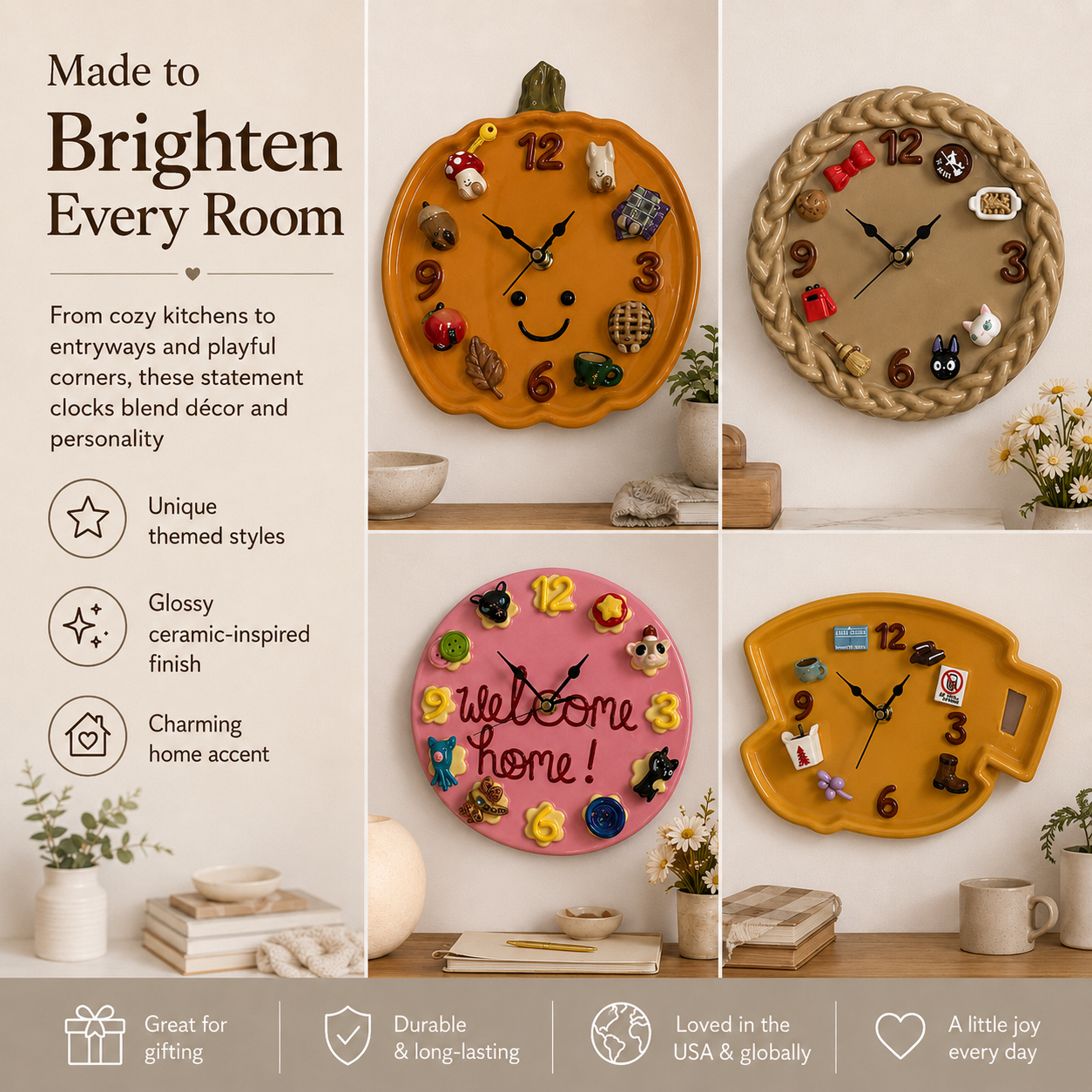 Cute Pumpkin Magnetic Wall Clock – Whimsical Ceramic-Finish Decorative Clock with DIY Custom 3D Magnets for Kitchen & Home Accent