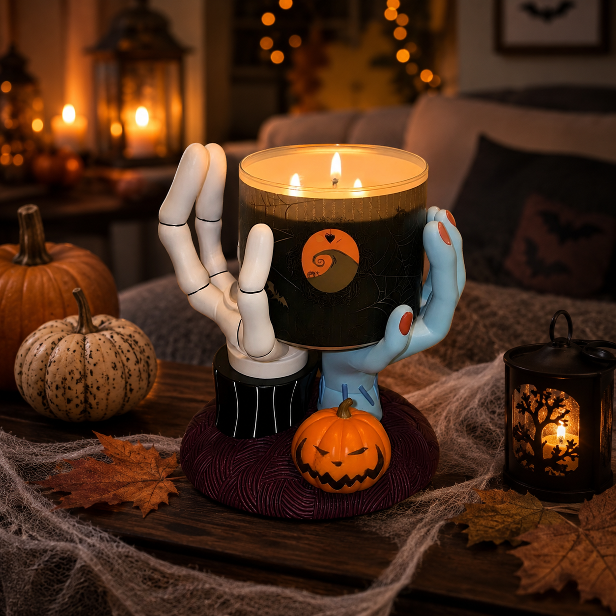 Halloween Skeleton & Zombie Hands Candle Holder Base – Resin Pedestal Stand for 3-Wick Candles (Candle Not Included)