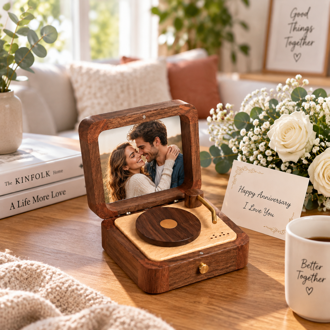 Personalized Wooden Record Player Music Box with Photo & Engraving - Perfect Anniversary & Wedding Gift for Couples