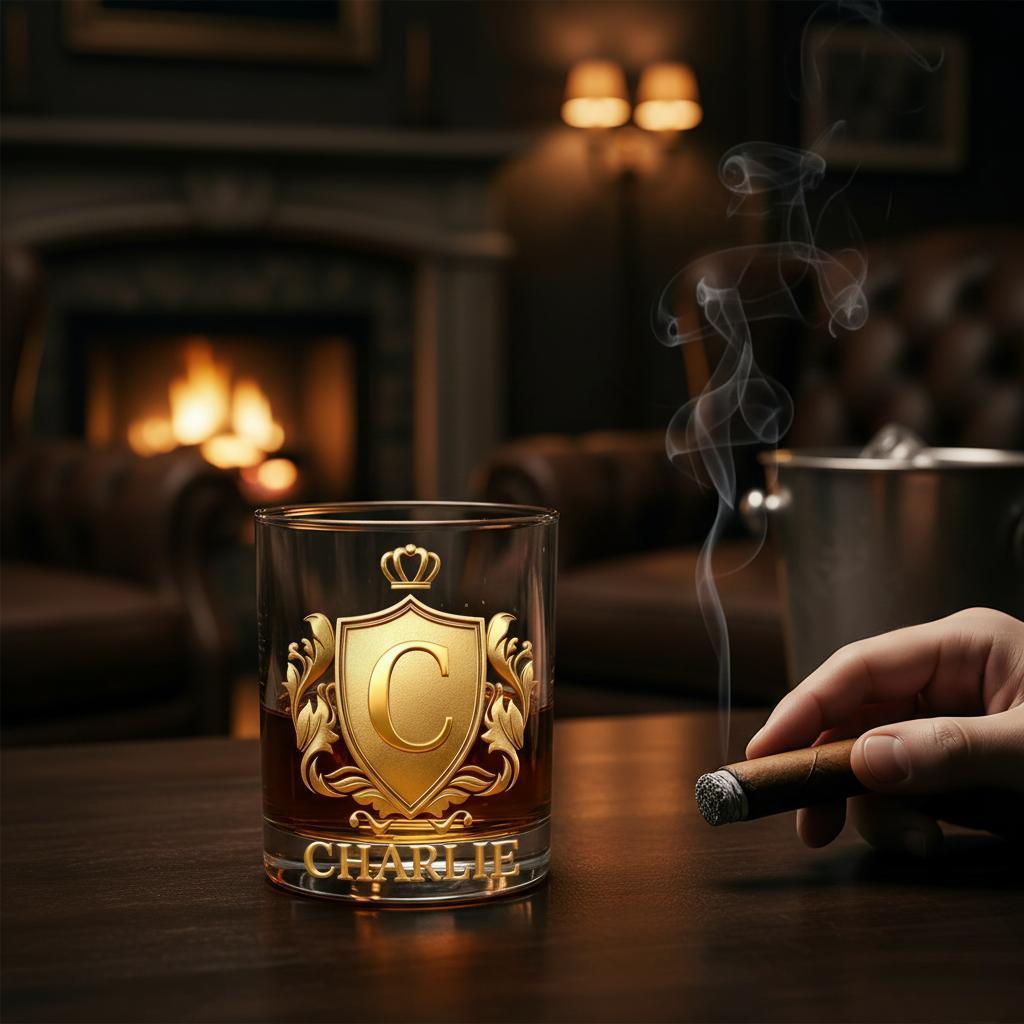 Custom Golden 3D Badge 10 oz Rock Whiskey Glass Birthday Gift - Cheers with Legendary Man - 