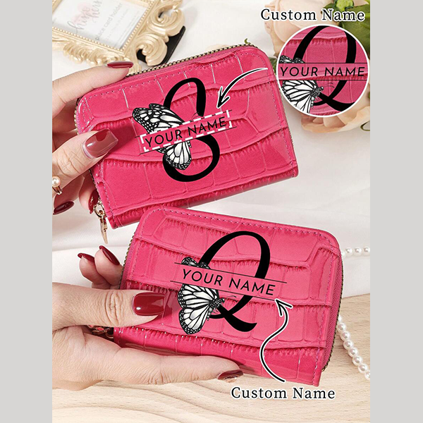 Customized Name/Signature Crocodile Texture Letter Floral Pattern Multi Slot Card Holder Zipper Wallet, Valentine's Day, Mother's Day, Birthday Gift Valentines Purses And Bags Women