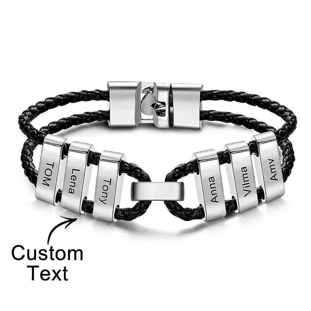 Engraved Beads Leather Bracelet Custom Letter Name Bracelet Father's Day Gift - Myphotowallet