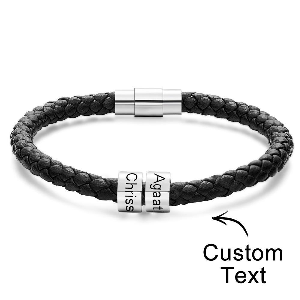 Custom Engraved Men's Bracelets Beads Simple Leather Gifts - Myphotowallet