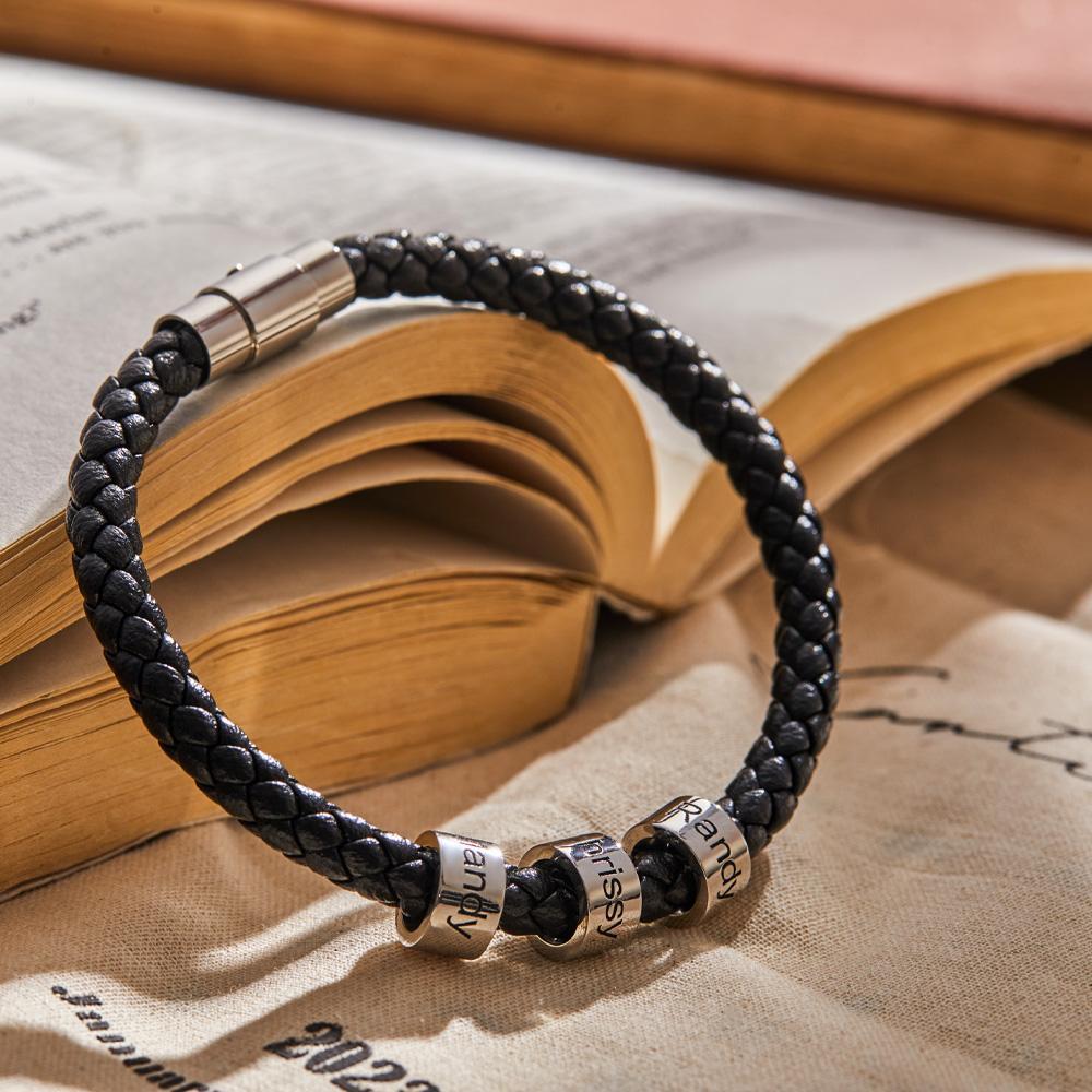 Custom Engraved Men's Bracelets Beads Simple Leather Gifts - Myphotowallet