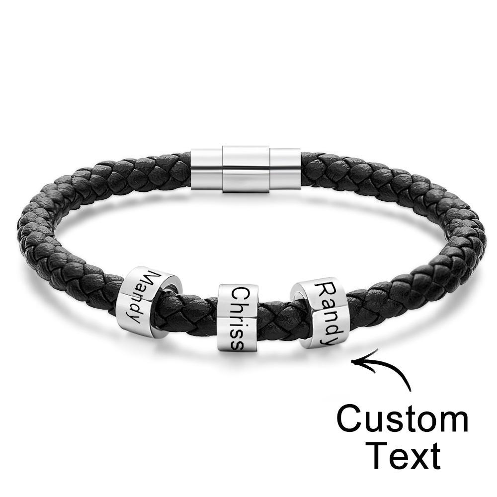 Custom Engraved Men's Bracelets Beads Simple Leather Gifts - Myphotowallet