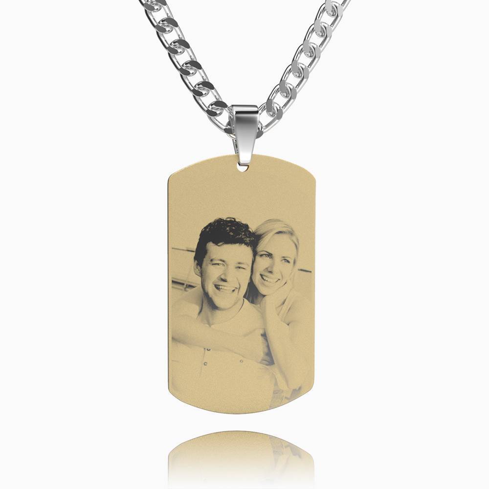Men's Photo Engraved Dog Tag Necklace 18k Gold Plated Stainless Steel Pendant