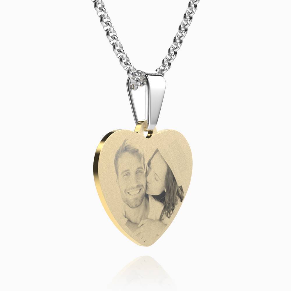 Women's Heart Photo Engraved Dog Tag Necklace 18k Gold Plated Stainless Steel